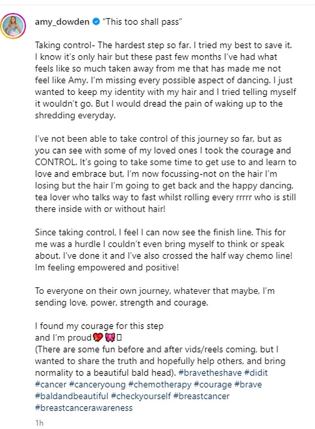 Control: Amy explained how she 'took control' after feeling 'so much has been taken from me' since being diagnosed with breast cancer in May