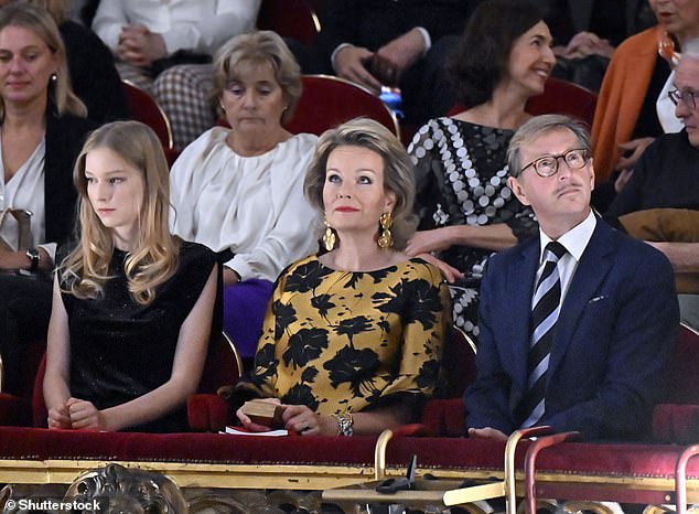 Princess Eleonore, Queen Mathilde of Belgium and general director of De Munt-La Monnaie Peter De Caluwe are photographed in the De Munt - La Monnaie opera house in Brussels