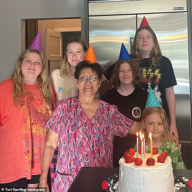 Her five children: The former couple are parents to Liam, 16, Stella, 15, Hattie, 11, Finn, 10, and Beau, six;  seen with their 'abuela' Isabel Carnero in August 2023