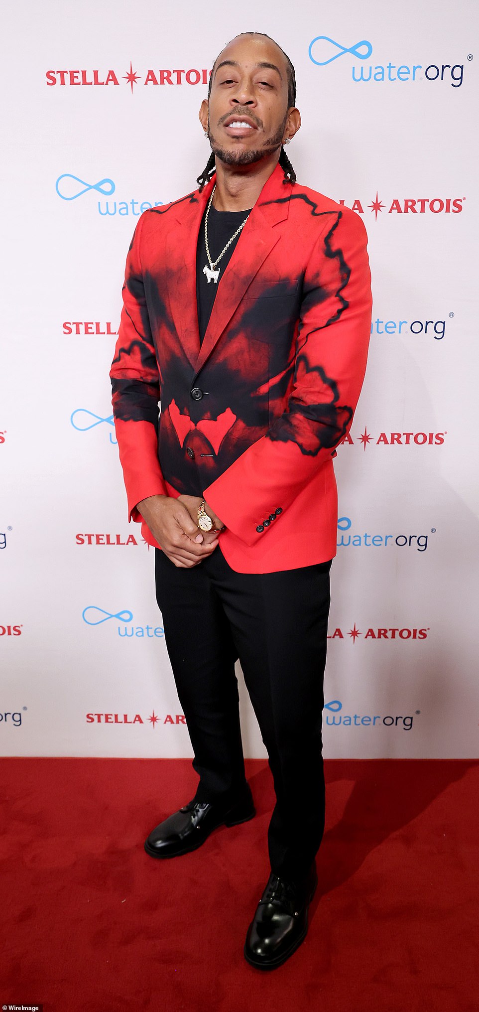 Fly guy: Ludacris made a loud fashion statement in a bright red tuxedo with an abstract black pattern printed on the front