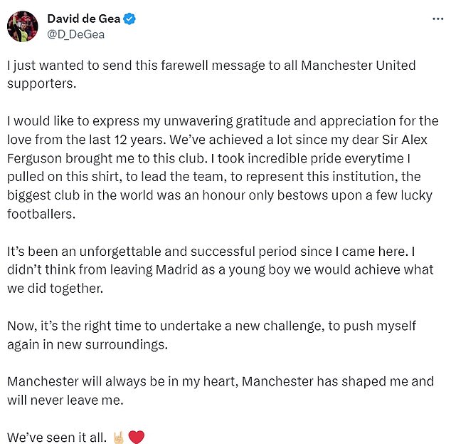 The Spaniard confirmed his departure from Old Trafford via Twitter after a rollercoaster of twelve years