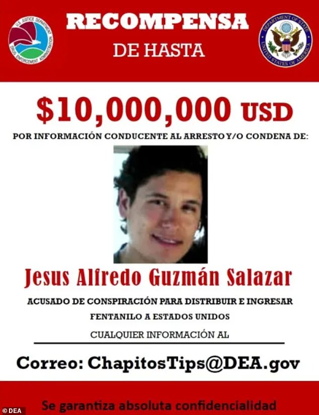 The Drug Enforcement Administration is offering a $10 million reward for information leading to the arrest and/or conviction of Jesús Guzmán, one of Joaquín “El Chapo” Guzmán's three men who now run half of the Sinaloa cartel after their brother, Ovidio Guzmán, was murdered.  extradited to the United States last week