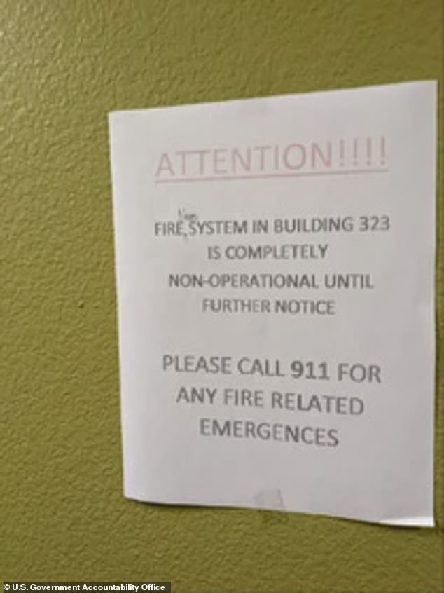 During the investigation, troops raised security concerns.  Here a sign states that the fire alarm system of a barracks was not in operation