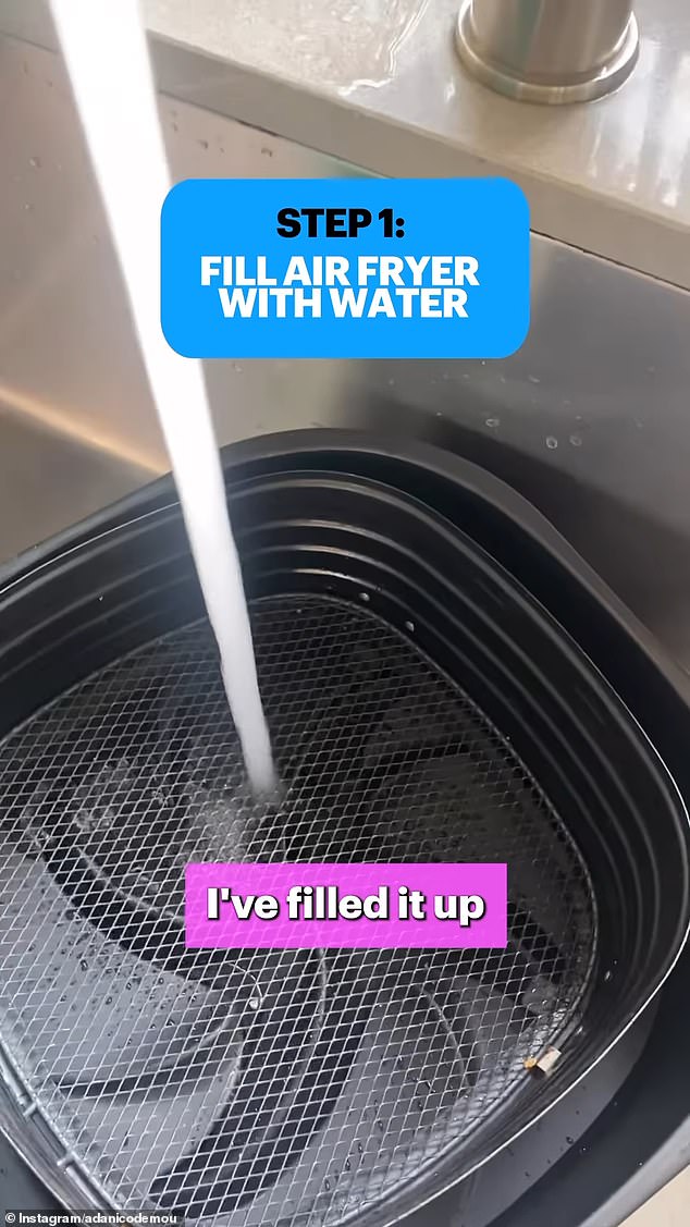 The Home and Away star shared a video on Instagram in which she put water in the air fryer along with a washing-up tablet.  The 46-year-old then set the air fryer to clean for 15 minutes before showing off the results