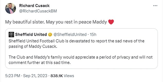 Her heartbroken brother, Richard Cusack, paid tribute yesterday, tweeting: 'My beautiful sister.  May you rest in peace Maddy.'