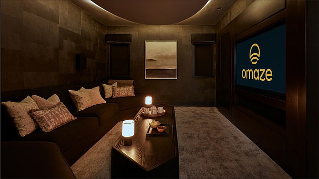 Adjacent to the kitchen is a cinema room, with a built-in state-of-the-art audiovisual system and blackout curtains