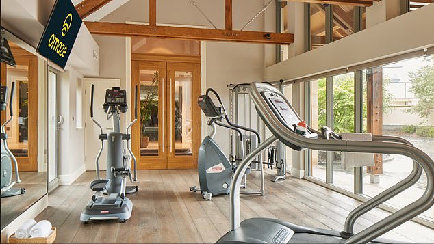 It includes a gym with a vaulted ceiling, a steam room, a shower room, a dressing room, integrated Sonos speakers, a mounted flat-screen TV, large windows overlooking the courtyard and sliding doors to the garden patio with a hot tub.