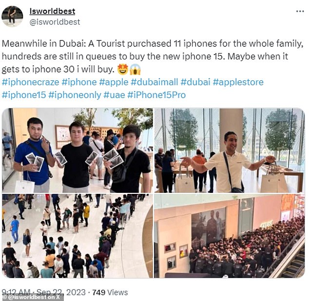 One X user claimed that a tourist in Dubai bought a total of eleven iPhone 15s today as gifts for his family