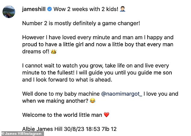 Number two: James wrote: 'Wow 2 weeks with 2 kids!  Number 2 is definitely a game changer!'