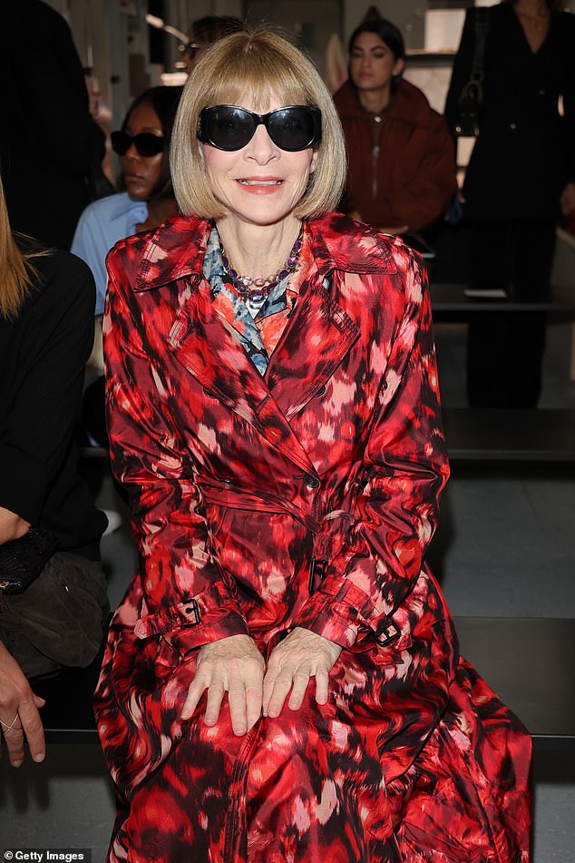 Fashion heavyweight: Anna Wintour wore a red dress during the catwalk show