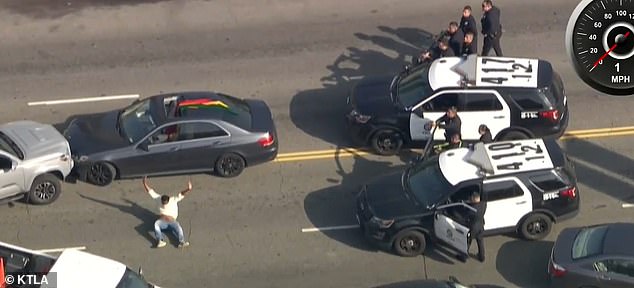 The driver was arrested on charges of auto theft, three others were also arrested in connection with the LAPD chase