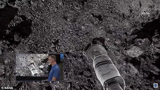 The robotic arm acted as a pogo stick, bouncing on the asteroid's surface to collect dirt and dust before launching the spacecraft back into space.  A simulation of the landing is shown above