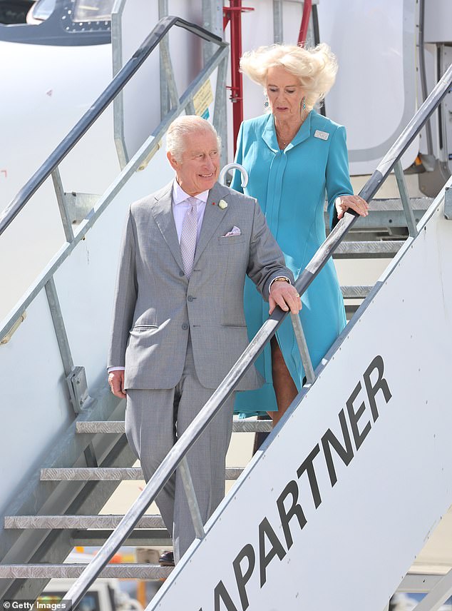 Queen Camilla wore a mysterious brooch as she stepped off the plane upon arrival in Bordeaux this afternoon