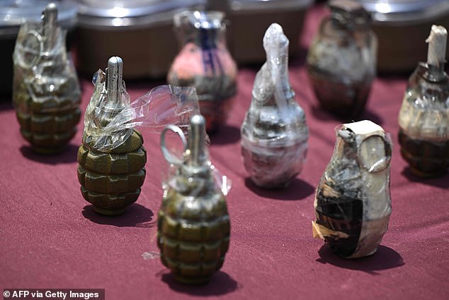 Grenades seized at the Tocorón prison center were displayed during a press conference on Thursday, a day after authorities took control of the prison in Aragua, Venezuela