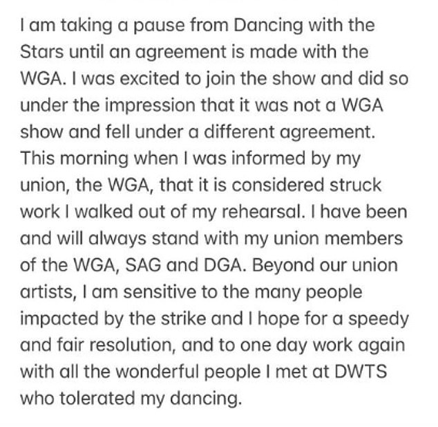 Matt explained in a statement that he is taking a 'break' from the league 'until an agreement is reached with WGA'