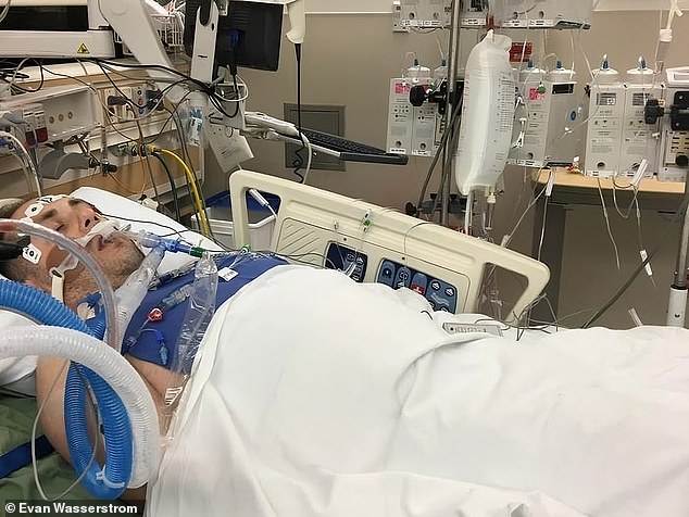 Mr. Wasserstrom is pictured above in the hospital.  His heart stopped beating six times en route and two more times in the ward before he was put into an induced coma