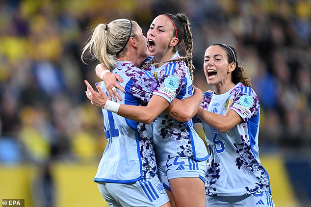 Athenea del Castillo (centre) celebrates scoring the opener for Spain in their Nations League match against Sweden