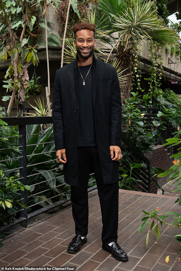 Brave: Love Island star Teddy looked handsome in a black T-shirt and smart trousers, teamed with a matching jacket and leather loafers