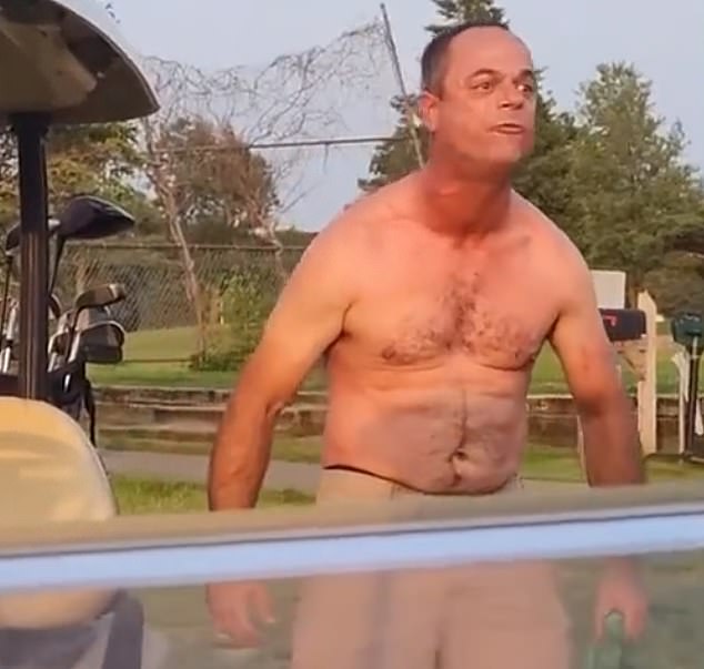 Reeb ripped off his shirt and challenged another golfer to a fight in the bizarre tirade, which appeared to have started over a golf ball.