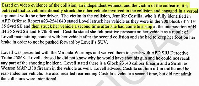 An affidavit provides more details about the alleged incident involving Lovell