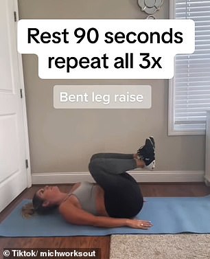 Michelle lay back on her back to complete the fifth exercise, alternating between tapping with her legs straight.  She completed the sequence with a 30-second bow-legged lap