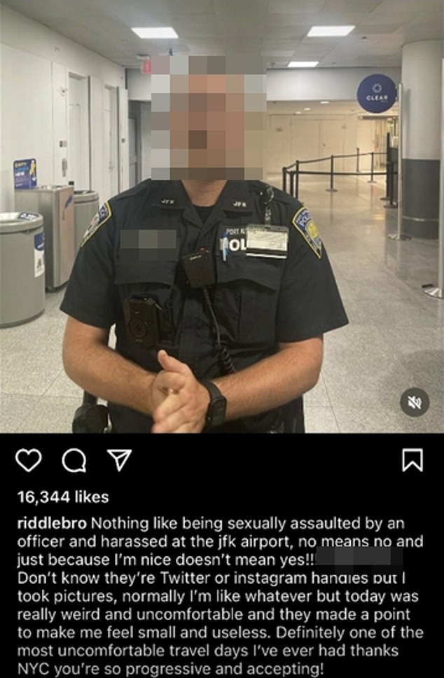 Riddle recently shared the allegations in a now-deleted Instagram post, including a photo of an alleged officer