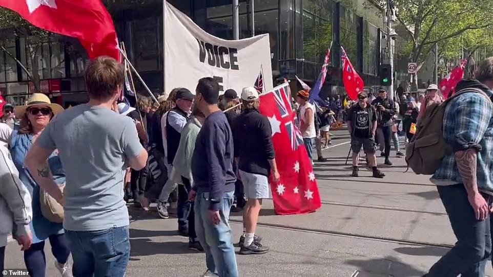 In Melbourne, the rally was larger and there was a flurry of red flag flags popular among 'sovereign citizens'