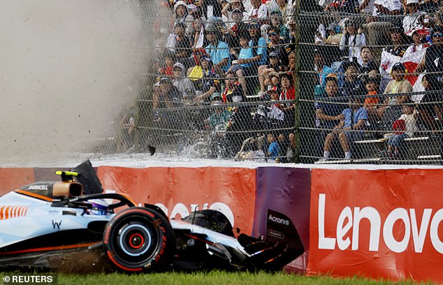 Sargeant's Williams was left a crumpled mess after stalling at the final corner at Suzuka