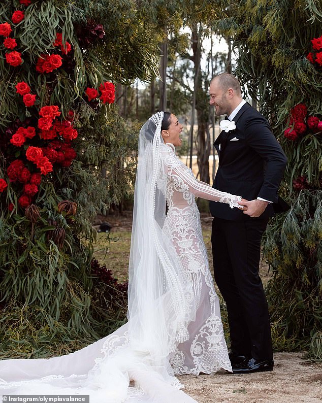 The stars walked down the aisle in a picturesque ceremony attended by 250 family and friends in Daylesford, Victoria.  Pictured on their wedding day