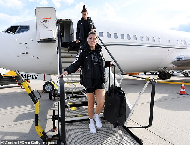 Steph's escape was desperately needed after the plane carrying her Arsenal women's team back from Germany caught fire.  Pictured arriving in Hamburg with the Arsenal plane