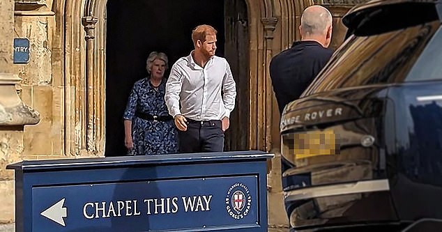 Harry was pictured holding a short vigil at the Queen's resting place, located in Windsor Castle's St George's Chapel, on the anniversary of her death