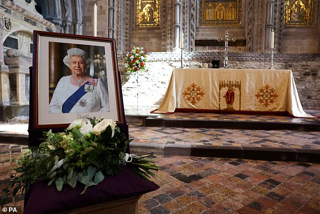 Flowers were placed by the Prince and Princess of Wales at a service at St David's Cathedral, Haverfordwest, Pembrokeshire, West Wales, to commemorate the life of the late Queen, to mark the one year anniversary of her death