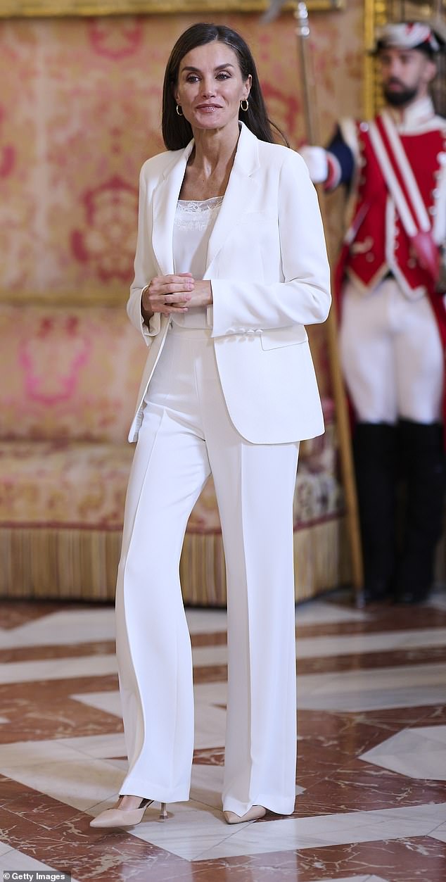 Queen Letizia wore a white Carolina Herrera pantsuit to Spain's Royal Palace in June