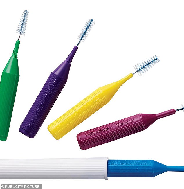 Interdental brushes have small brush heads that you can use to remove hidden food or plaque.  If they are too large, twice daily flossing is recommended