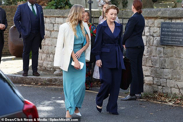 Also present at the wedding were actress Joanne Froggatt (left) and The Crown's Lesley Manville (right)