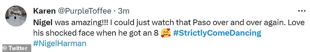 Reaction: Viewers took to X/Twitter to praise Nigel for his performance, with one writing: 'Nigel was amazing!  I could just watch that Paso over and over again.”