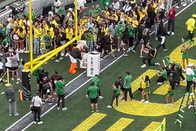 The Oregon Duck performed the stunt prior to their Saturday night game against the Buffaloes