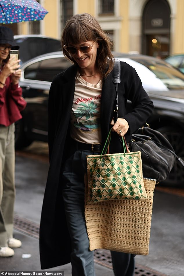 Casual: Leighton Meester, 37, also looked stylish as she arrived at the Armani hotel in Milan