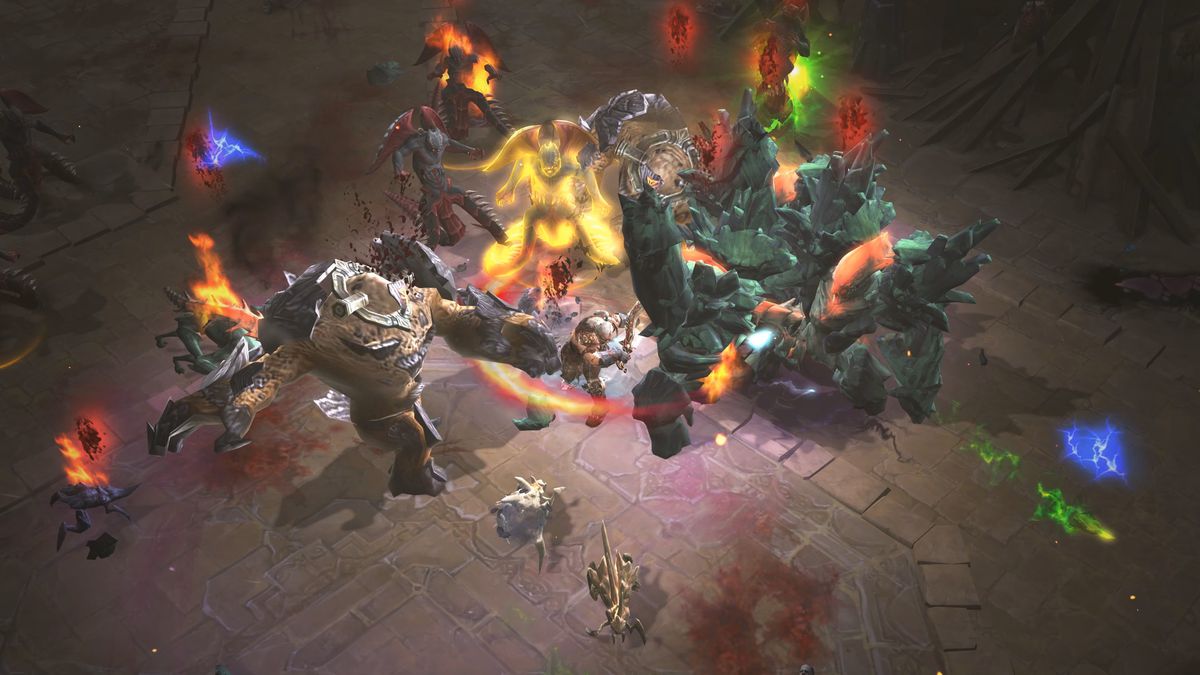 A barbarian faces a horde of powerful and colorful monsters in Diablo 3