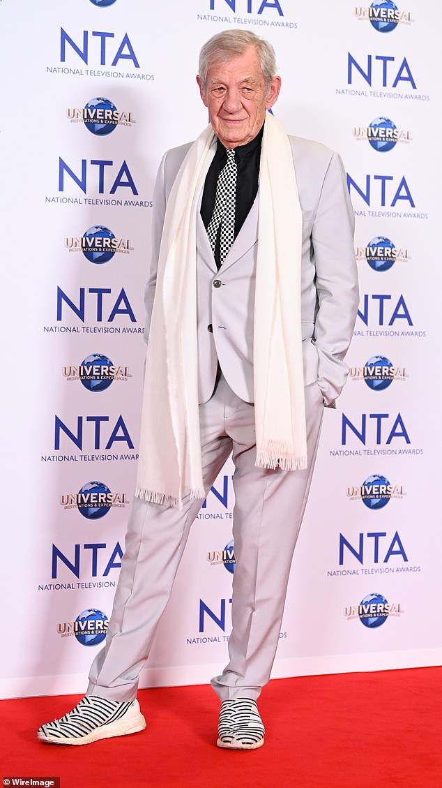 Brave: The star looked incredibly vibrant in an off-white suit with a black and white checked tie as he attended the NTAs earlier this month