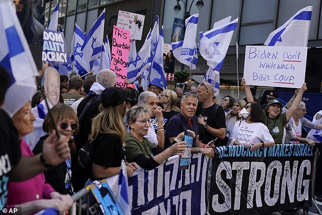 Hundreds of protesters stood across Lexington Avenue from the Intercontinental Barclay Hotel in Manhattan, where President Joe Biden met with Israeli Prime Minister Benjamin Netanyahu on Wednesday