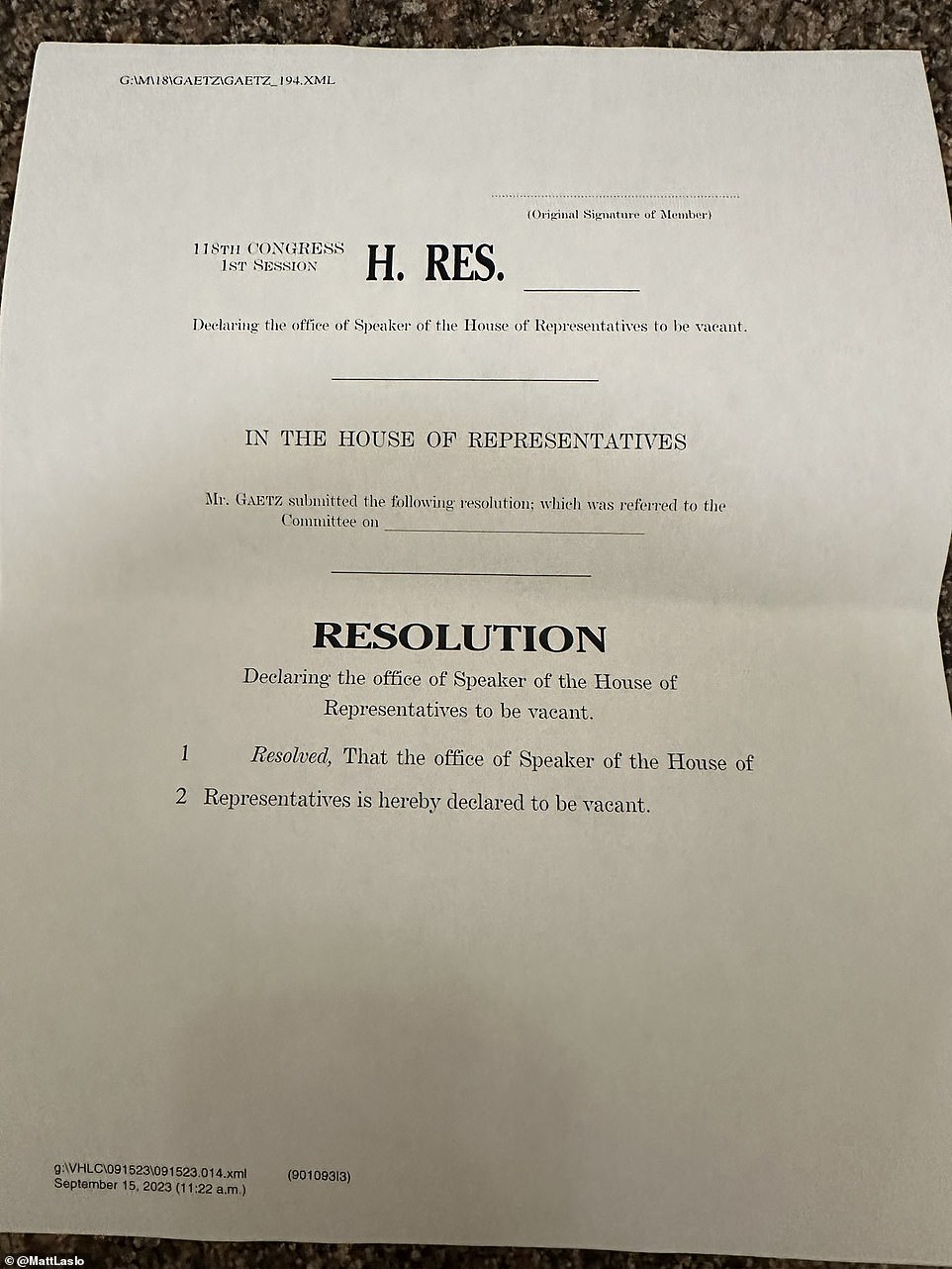 He is one of McCarthy's most outspoken critics.  It is unclear how Gaetz's resolution ended up in the bathroom and who left it there.  McCarthy's office did not respond to a request for comment on the resolution's discovery.