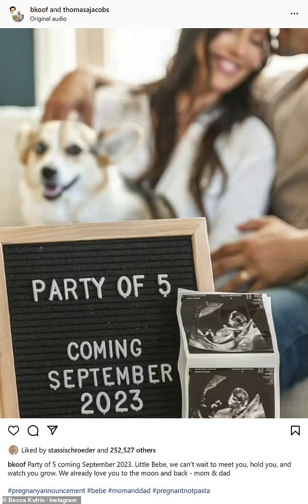 'Party of 5': The couple shared a joint post with a slideshow of photos as they posed with ultrasounds while their two adorable dogs also joined in the photo session