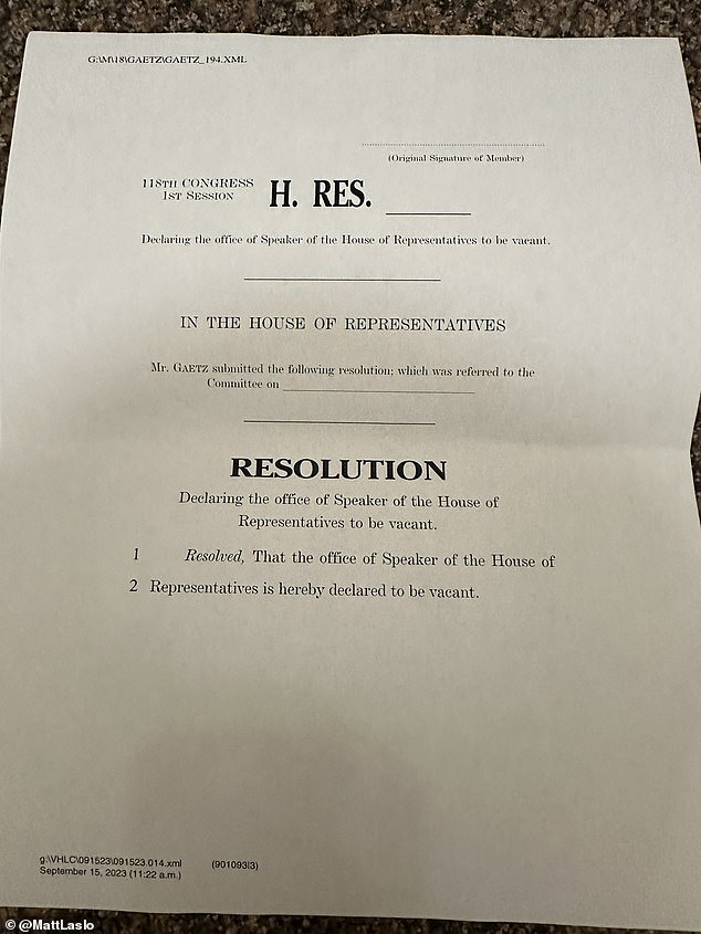 The motion “declared the office of Speaker of the House of Representatives vacant” and included a draft date of September 15, 2023 at 11:22 am.