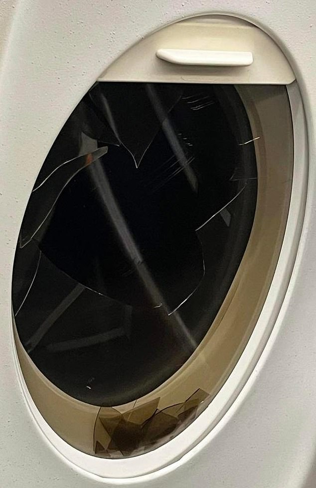 The plane's internal window was smashed in the second of two alleged mid-air brawls in which four passengers were arrested