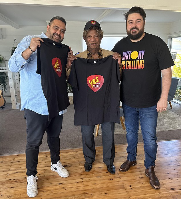 Kamahl (center) wrote on social media on Friday that he would vote 'YES' in the upcoming referendum on October 14, citing a meeting with indigenous comedian Dane Simpson and constitutional lawyer Eddie Synot where he pledged support