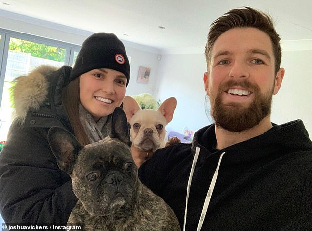 Josh and Laura Vickers at home with their French bulldogs in 2020