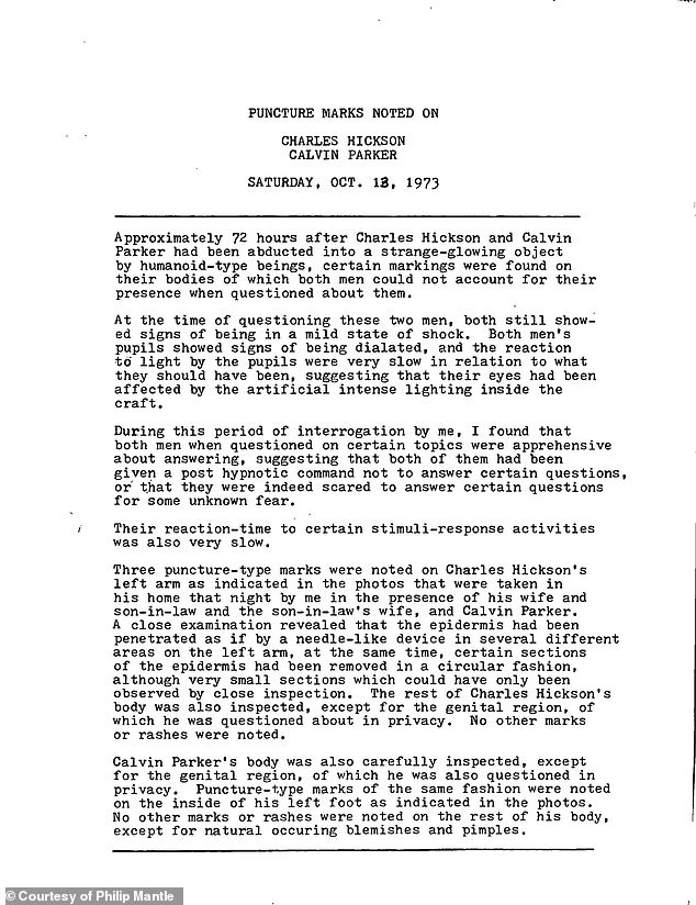 In a document that, according to Mantle, was written on October 13, 1973 by Dr.  Harder was typed, the men were said to have left 'certain markings' on their bodies 'which neither could explain'.