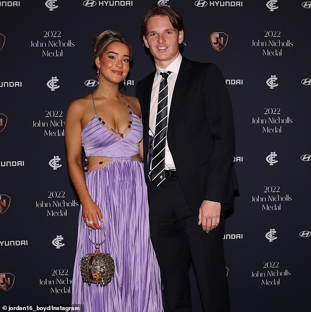 Carlton player Jordan Boyd (right) is pictured with his girlfriend.  In this photo he also appears to be wearing nail polish