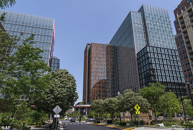 The two buildings that make up Amazon's second headquarters, HQ2, are seen after a grand opening ceremony in Arlington, Virginia in June